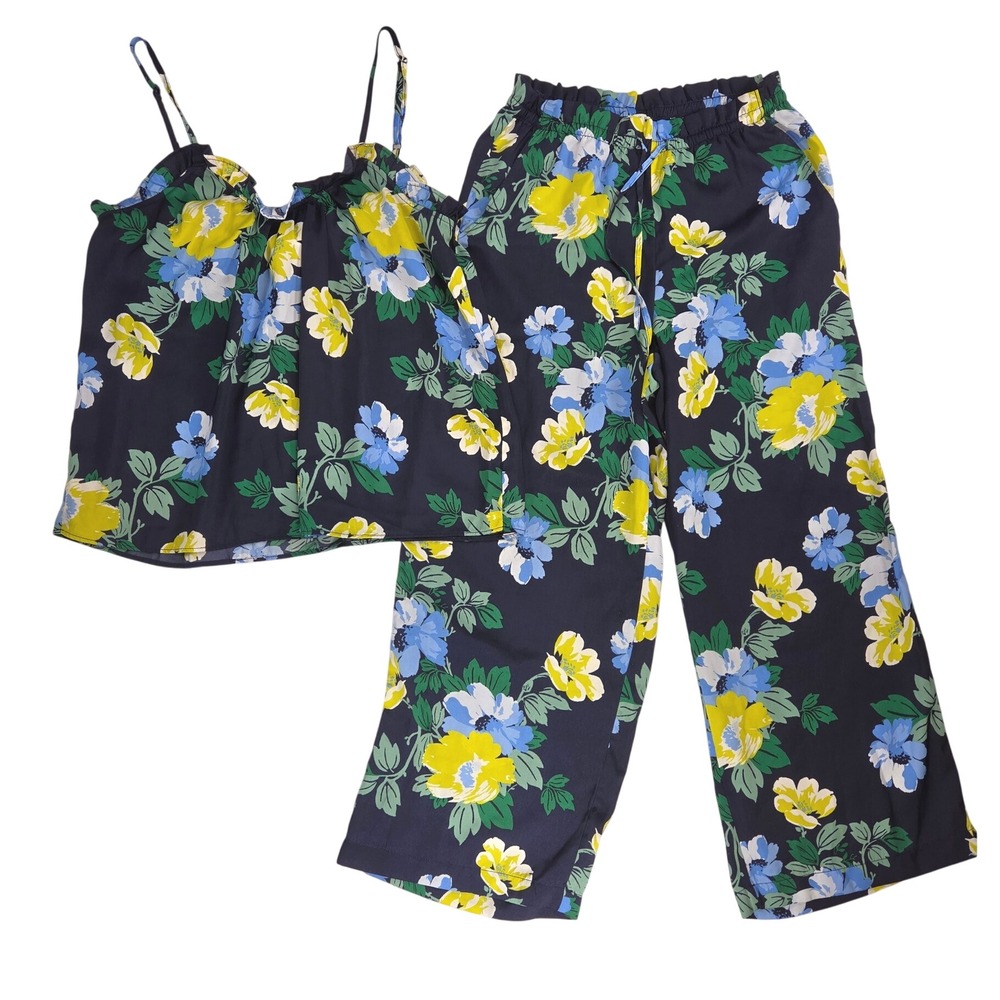 Aerie Pajama 2-piece Top Pant Bottom Navy Blue Floral Yellow Green Women Sz S/P